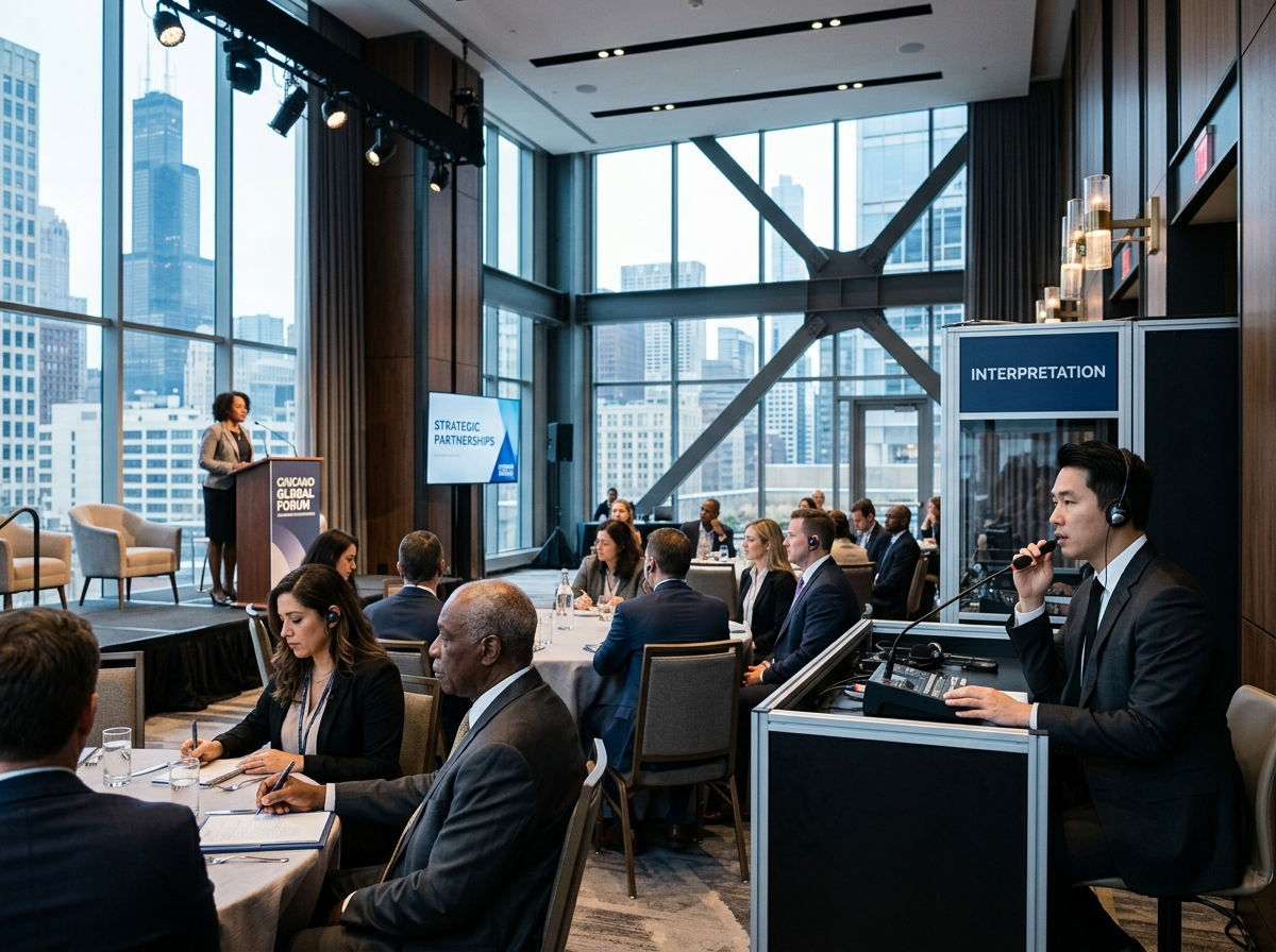 Professional conference interpreter providing simultaneous interpretation at Chicago corporate event