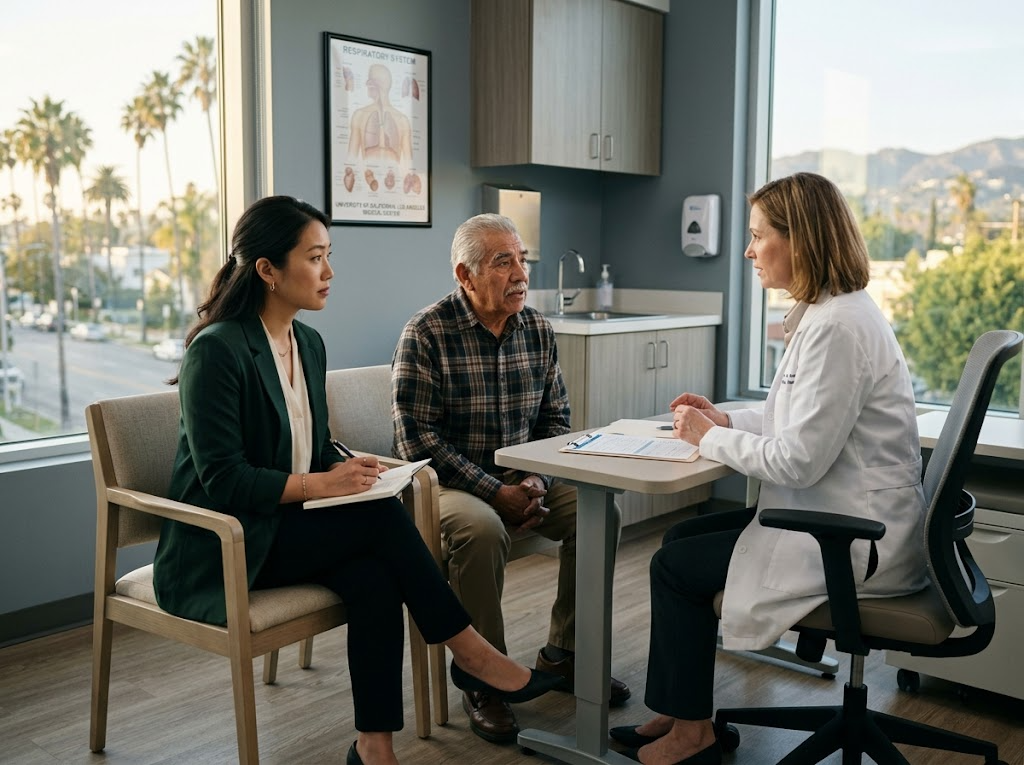 HIPAA-compliant medical interpreter supporting patient consultation at Los Angeles hospital