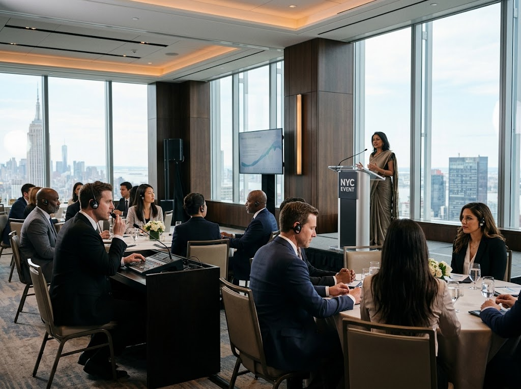 Professional conference interpreter providing simultaneous interpretation at New York corporate event