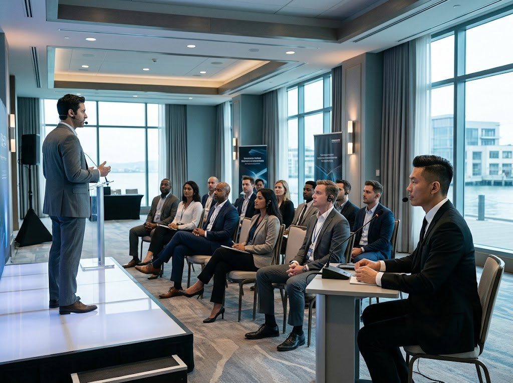 Professional conference interpreter providing simultaneous interpretation at San Francisco tech and business event