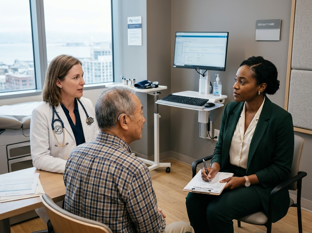 HIPAA-compliant medical interpreter supporting patient consultation at San Francisco Bay Area hospital