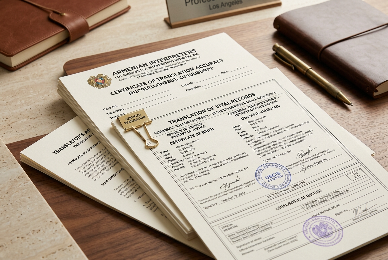 Certified Armenian document translation services for Los Angeles immigration documents, personal injury records, and legal filings in Eastern and Western Armenian