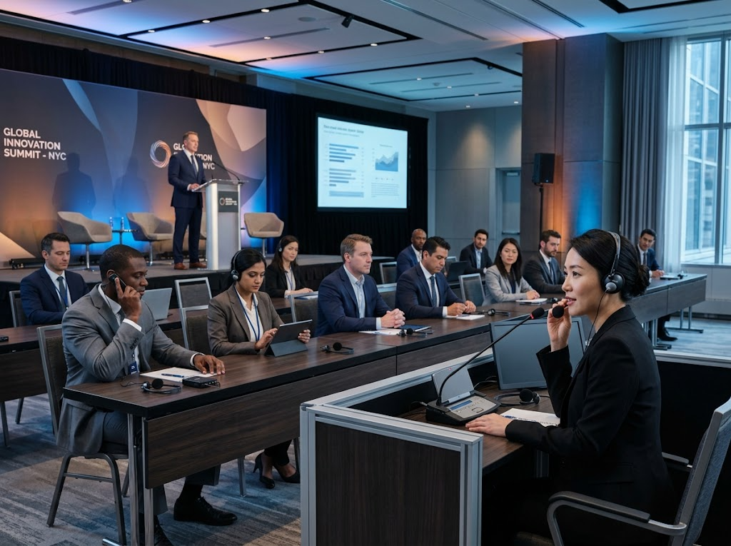 Simultaneous conference interpreter providing multi-language booth interpretation at New York Javits Center and Midtown summit