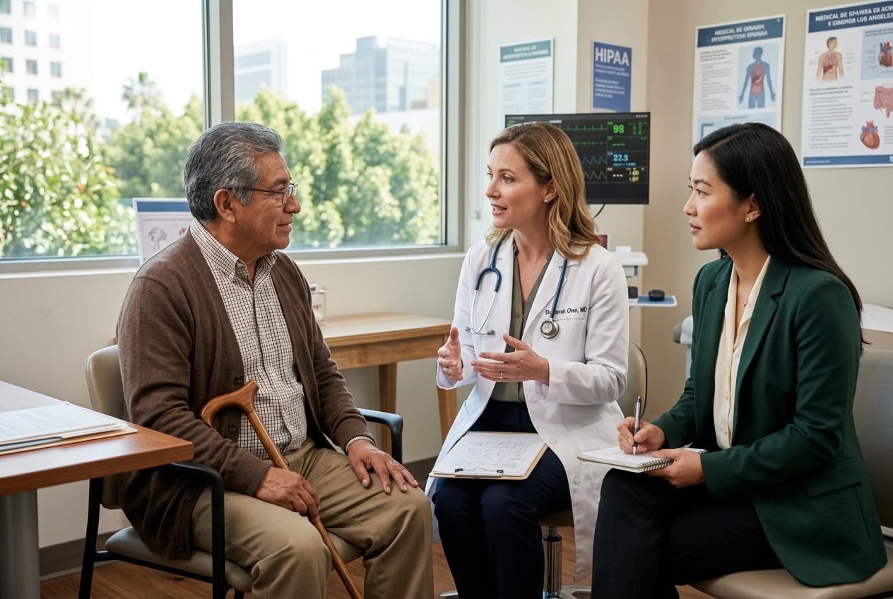 HIPAA-compliant Spanish medical interpreter supporting Latino patient consultation at Los Angeles hospital