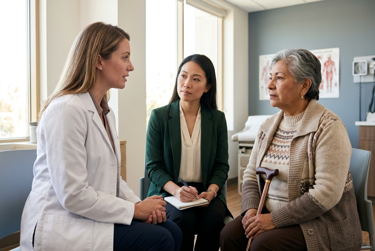 HIPAA-compliant Spanish medical interpreter supporting patient consultation at Orange County community health clinic