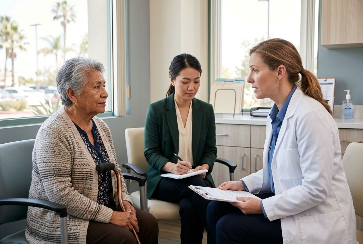 HIPAA-compliant Spanish medical interpreter supporting patient consultation at San Diego Chula Vista community health center