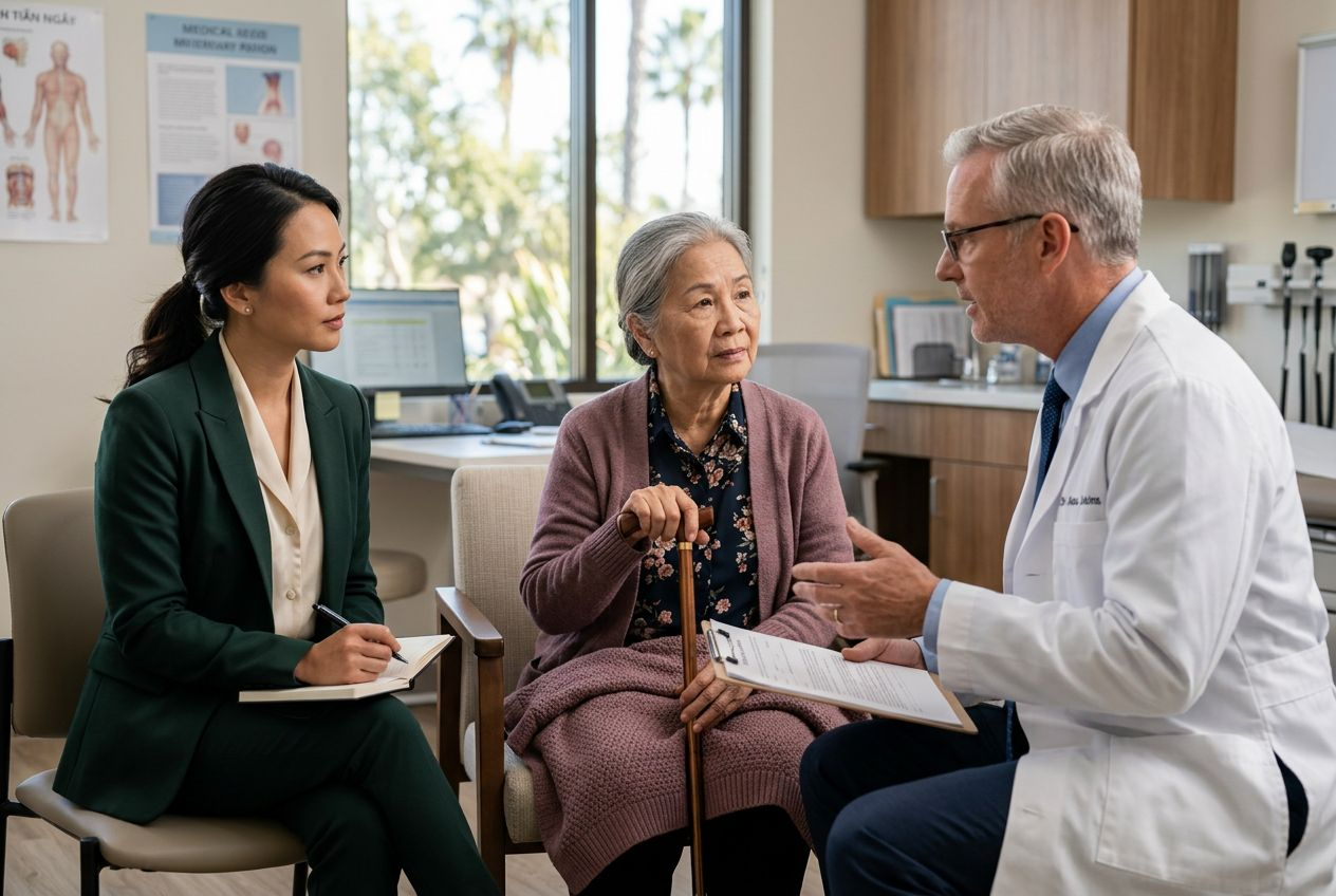 HIPAA-compliant Vietnamese medical interpreter supporting patient consultation at Orange County Little Saigon clinic in Westminster