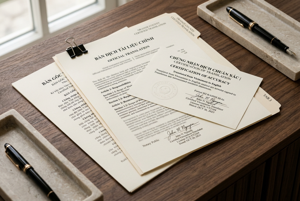 Certified Vietnamese document translation services for Orange County immigration documents, workers comp records, and business contracts