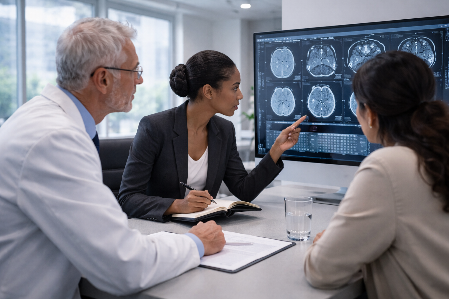 HIPAA-compliant medical interpreter assisting healthcare professionals at a hospital clinical setting