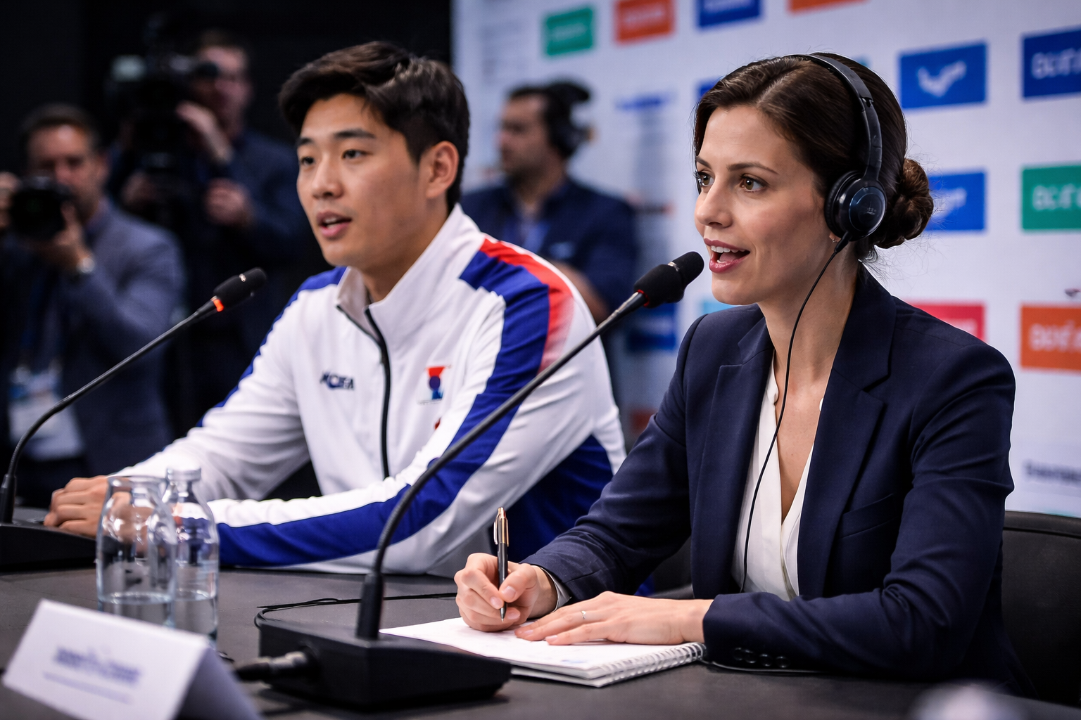 Media-ready interpreter delivering real-time interpretation at a sports press conference with international athletes