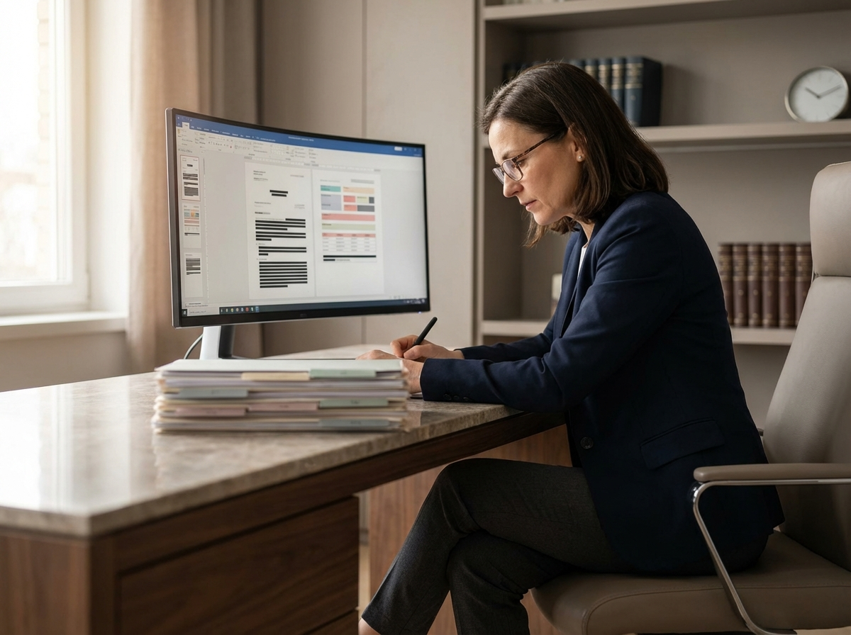 Certified document translation specialist reviewing legal and immigration paperwork at a professional office