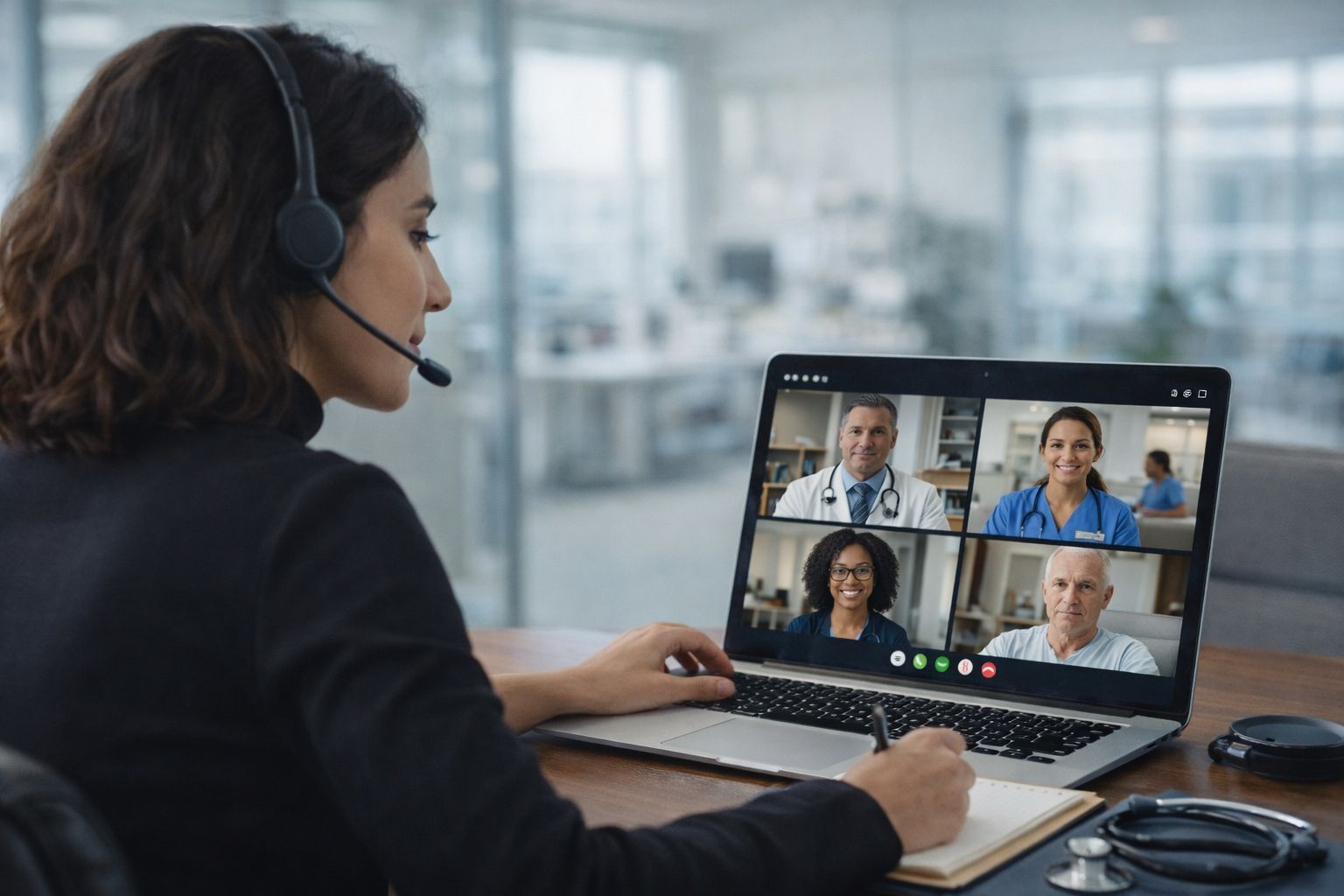 HIPAA-compliant interpreter assisting a telehealth medical consultation via secure video connection