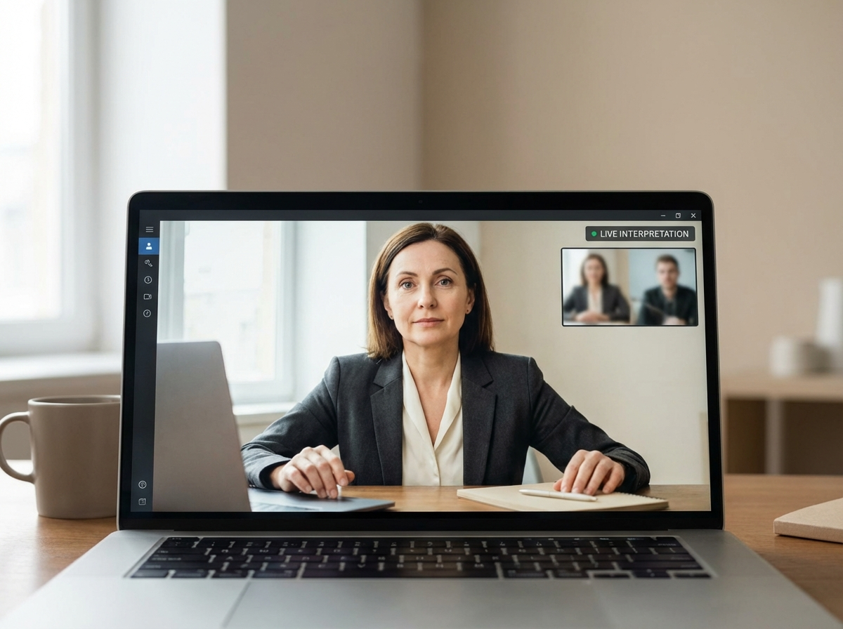 Professional interpreter providing video remote interpretation services via secure virtual platform